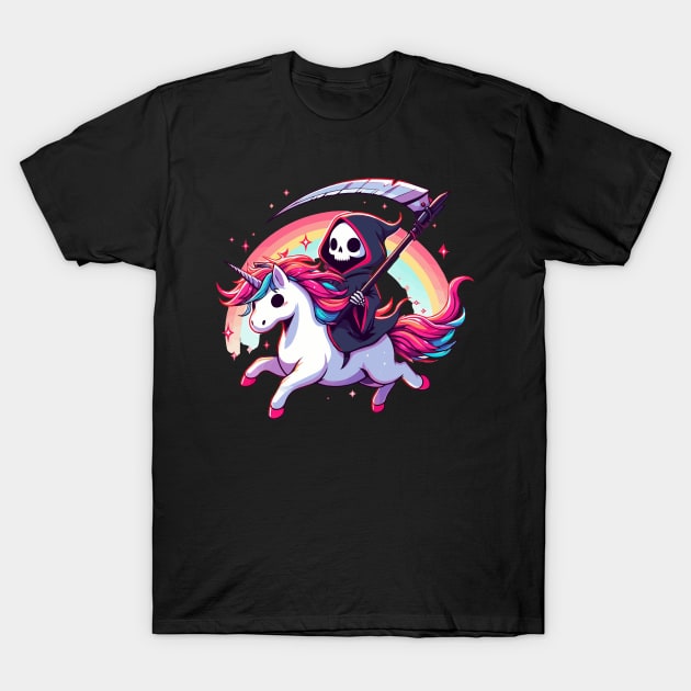 Grim Reaper Death Riding Rainbow Unicorn T-Shirt by TomFrontierArt